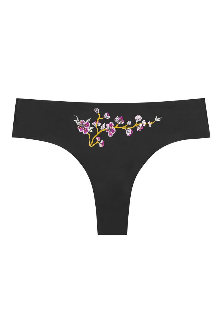 Soft Seamless Thong with Embroidery, Alternate, color, TAP SHOE BLACK