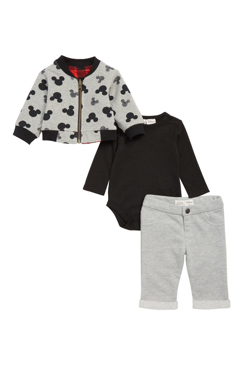 x Disney® Mickey Mouse® Reversible Bomber Jacket, Bodysuit & Pants Set, Alternate, color, RED/ BLACK