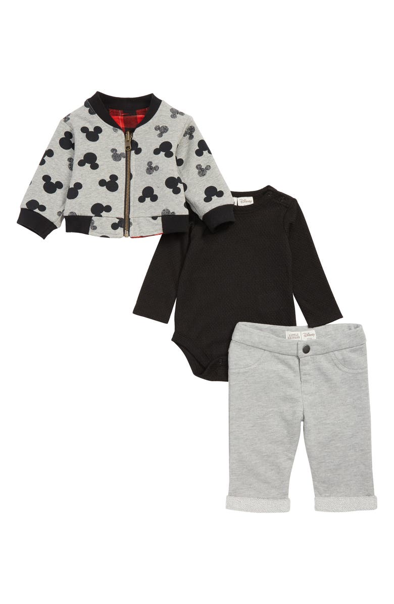 Little Brother by Pippa & Julie x Disney<sup>®</sup> Mickey Mouse<sup>®</sup> Reversible Bomber Jacket, Bodysuit & Pants Set, Alternate, color, 