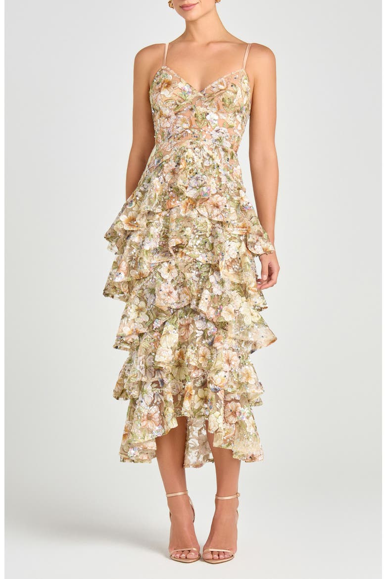 Saffron Beaded Floral Tiered Cocktail Midi Dress, Main, color, GREEN