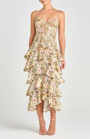 NADINE MERABI Saffron Beaded Floral Tiered Cocktail Midi Dress