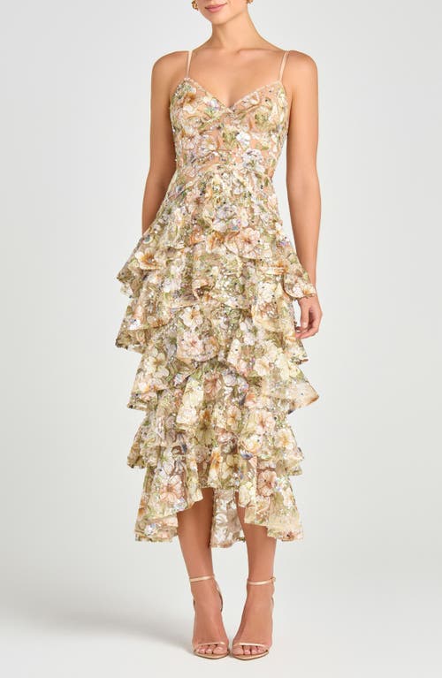 NADINE MERABI Florence Beaded Floral Tiered Cocktail Midi Dress in Green  product