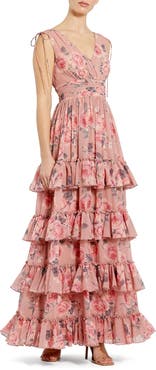 Mac Duggal Drawstring Shoulder Floral Chiffon Tiered Gown