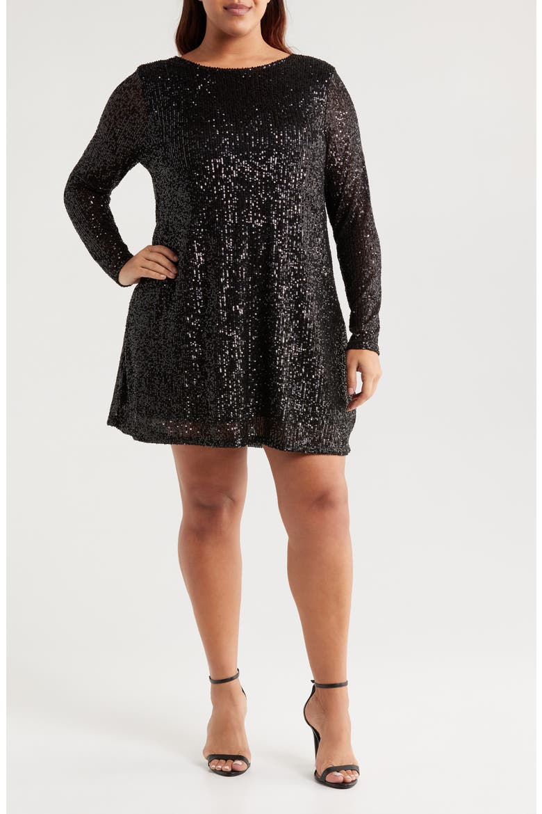 Sequin Long Sleeve Minidress, Main, color, BLACK