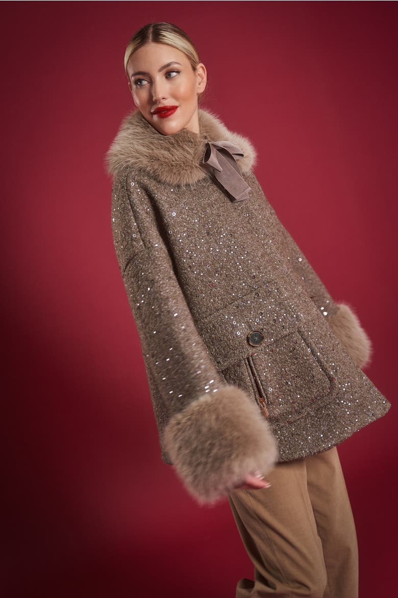 Sequined Coat With Fake Fur, Alternate, color, Bordeaux / Wine
