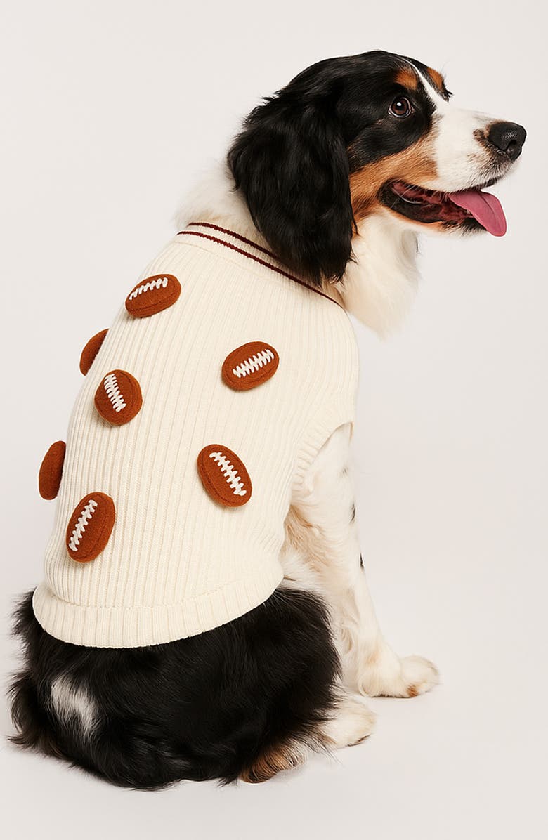 Found My Animal Football 3D Icon Rib Dog Sweater, Alternate, color, Cream