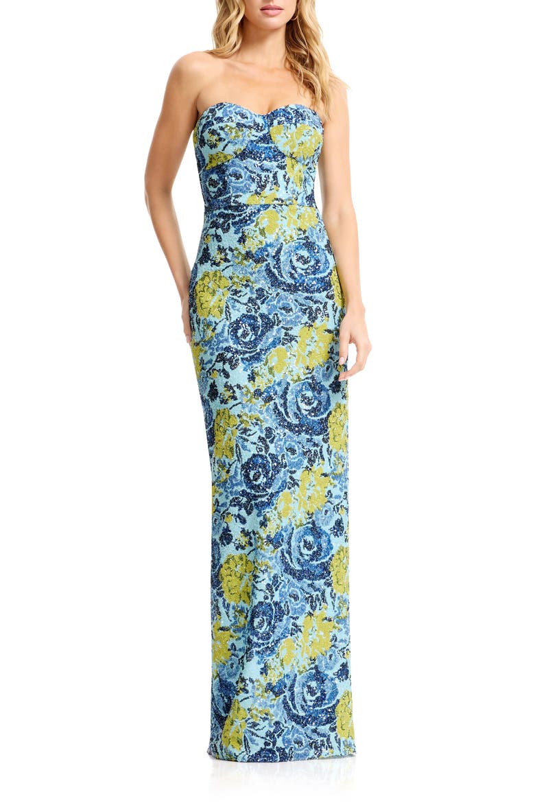 Vada Beaded Floral Strapless Column Gown, Main, color, SKY MULTI