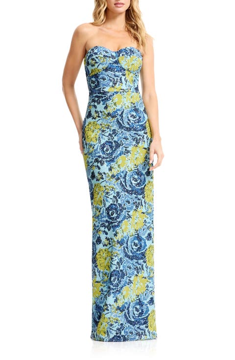 Vada Beaded Floral Strapless Column Gown