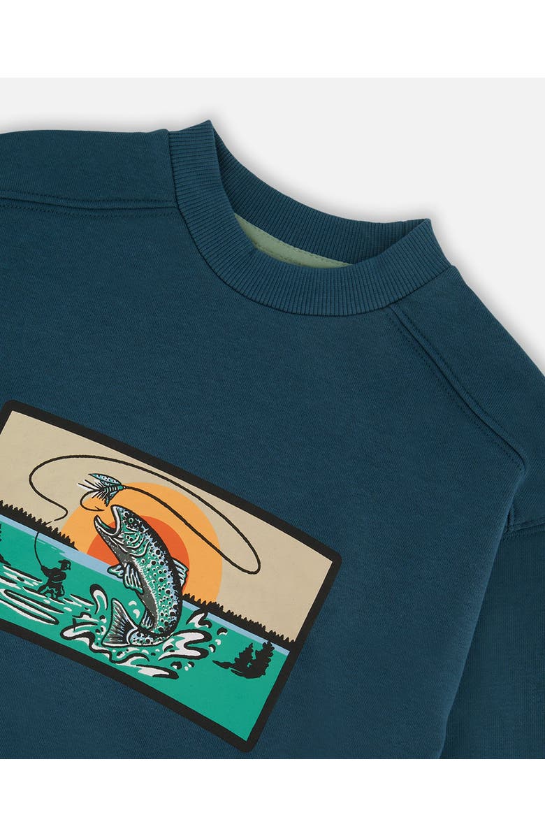 Deux par Deux Little Boy's Pullover French Terry Graphic Sweatshirt Teal And Peach, Alternate, color, 