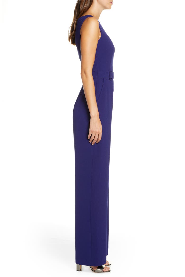 Belted Sleeveless Stretch Crepe Jumpsuit, Alternate, color, INDIGO