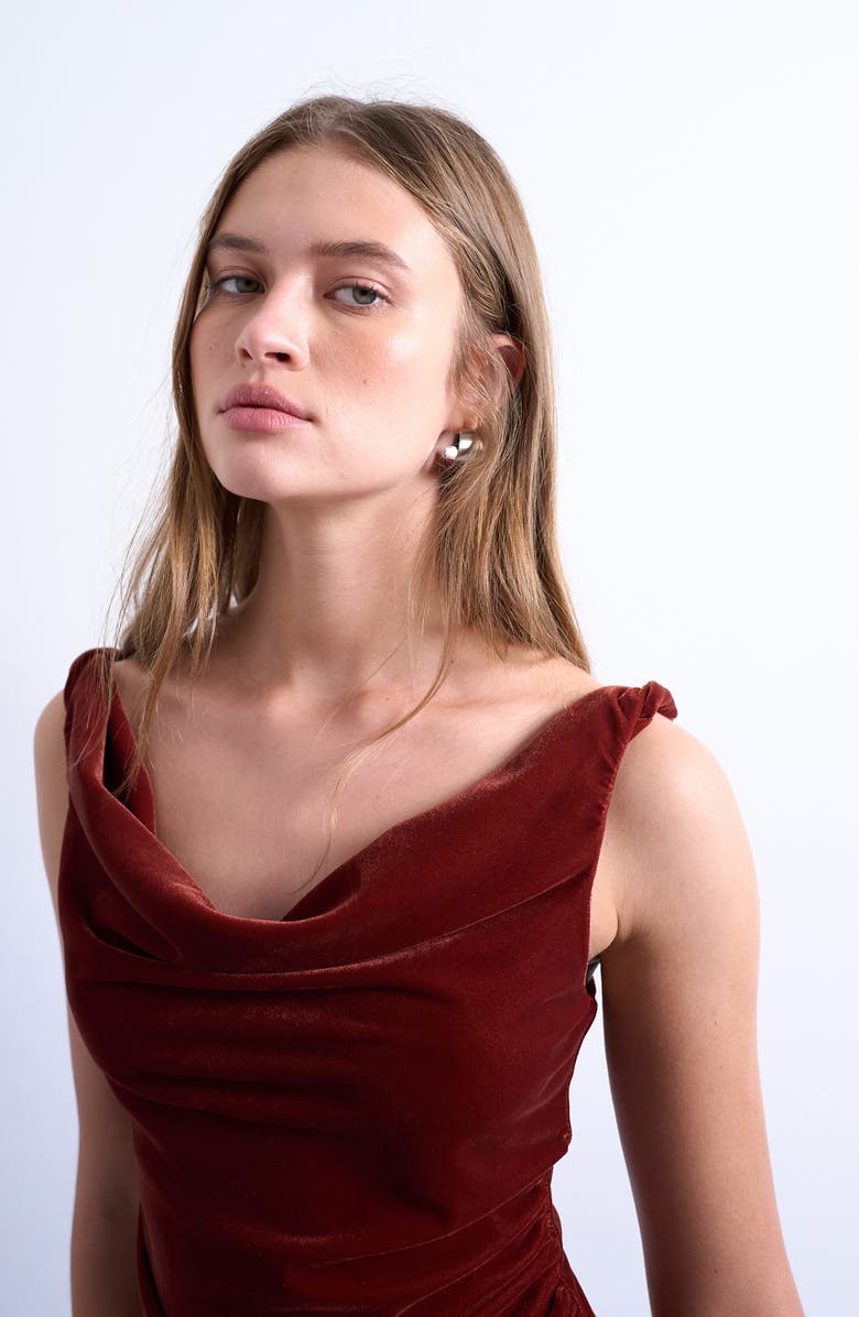 Topshop Cowl Neck Velvet Minidress, Alternate, color, Tabacco