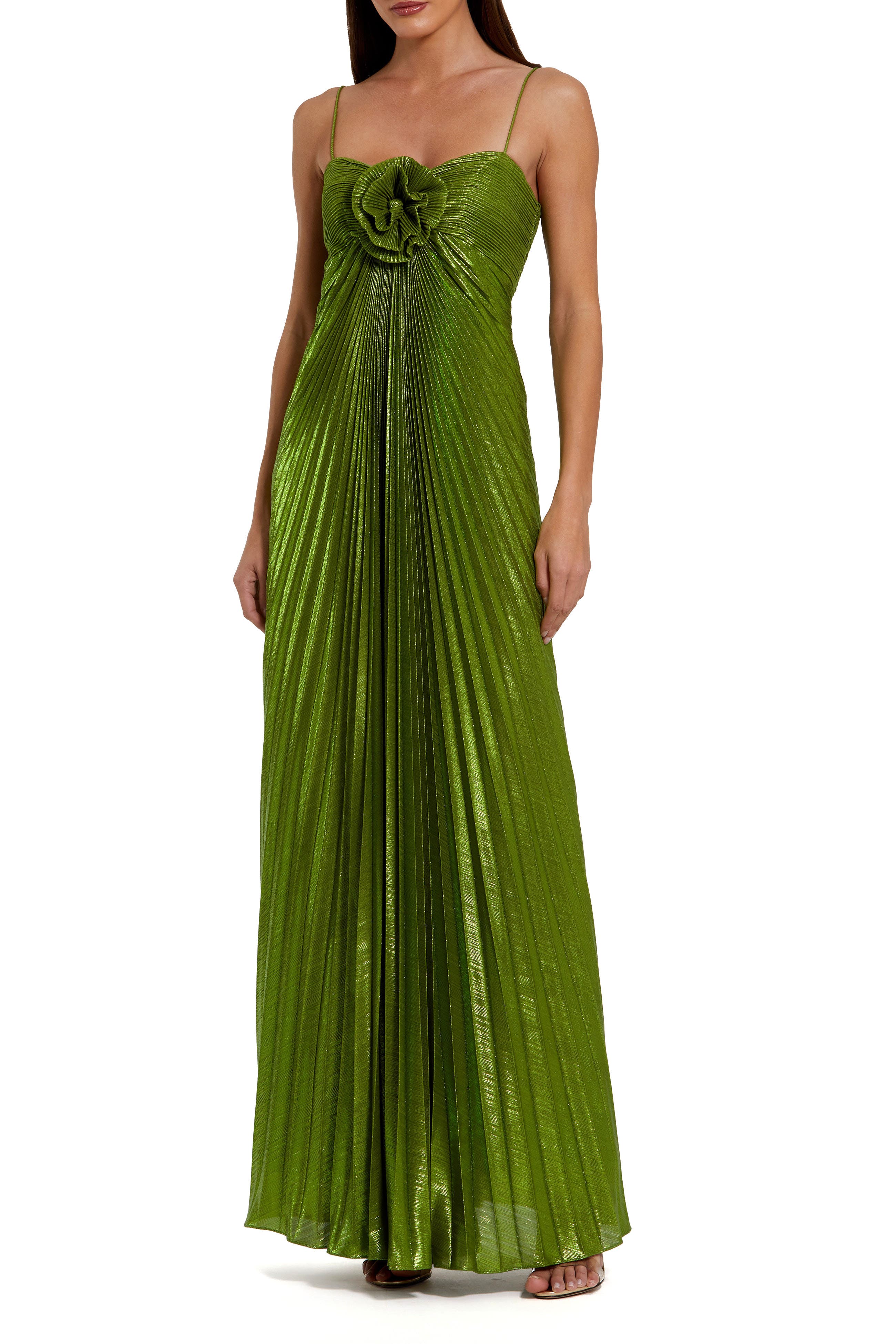 Thin Strap Pleated Metallic Gown With 3D Flower - image 3