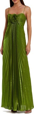 Mac Duggal Thin Strap Pleated Metallic Gown With 3D Flower