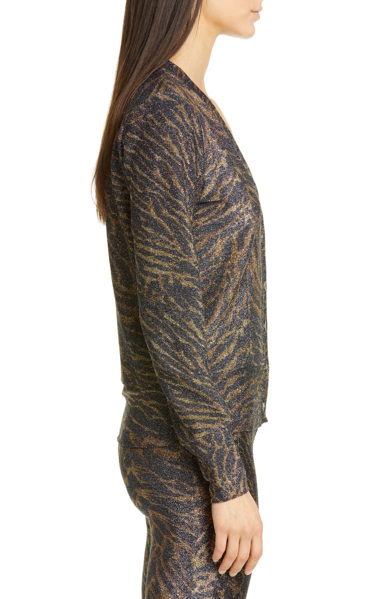 Ganni Tiger Print Metallic Jersey Cardigan, Alternate, color, 