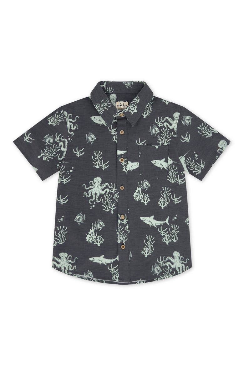 Kids' Ocean Print Short Sleeve Button-Up Shirt, Main, color, BLACK SAND