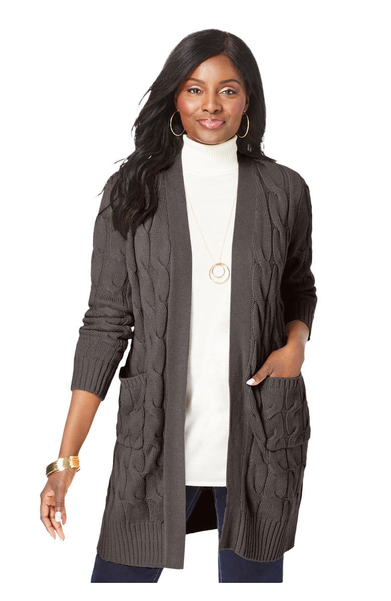 Jessica London Cable Duster Sweater, Main, color, Heather Charcoal