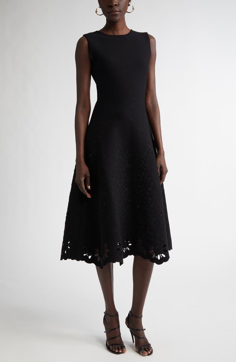 Oscar de la Renta Eyelet Jacquard A-Line Dress, Main, color, Black