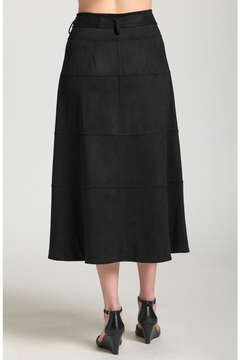 Faux Suede Paneled A-Lined Midi Skirt, Alternate, color, BLACK