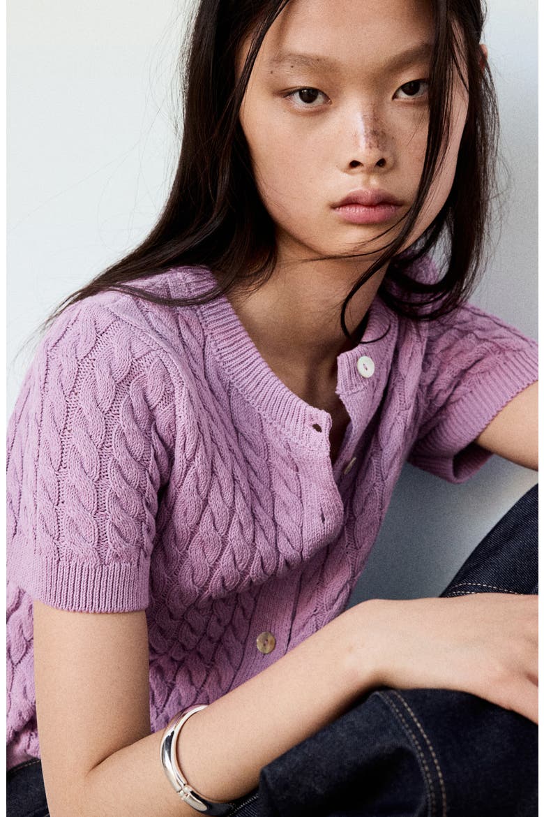 Short Sleeve Cable Stitch Cardigan, Alternate, color, LIGHT/PASTEL PURPLE