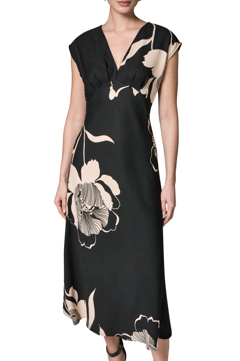 Floral Print Midi Dress, Alternate, color, BLACK/ OAT