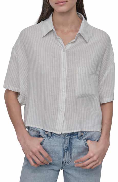 DKNY Jeans Oversize Linen Blend Crop Button-Up Shirt