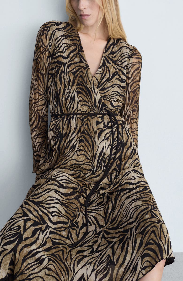 MANGO Leopard Print Pleated Long Sleeve Midi Dress, Alternate, color,