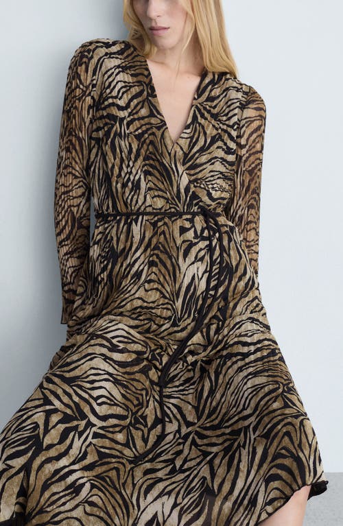MANGO MANGO LEOPARD PRINT PLEATED LONG SLEEVE MIDI DRESS 