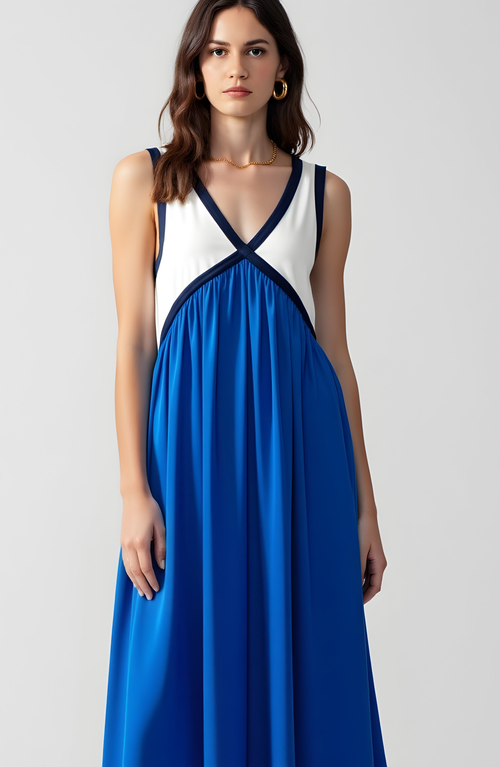 Modenaire Sleeveless Colorblock Maxi Dress With Empire Waist And V-neckline In Blue