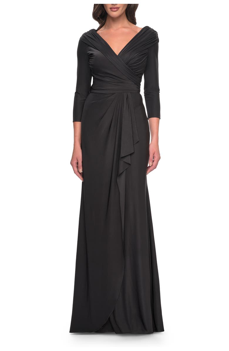 La Femme Ruched Long Dress with Ruffle Skirt Detail and Sleeves, Main, color, Gunmetal