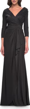 La Femme Ruched Long Dress with Ruffle Skirt Detail and Sleeves