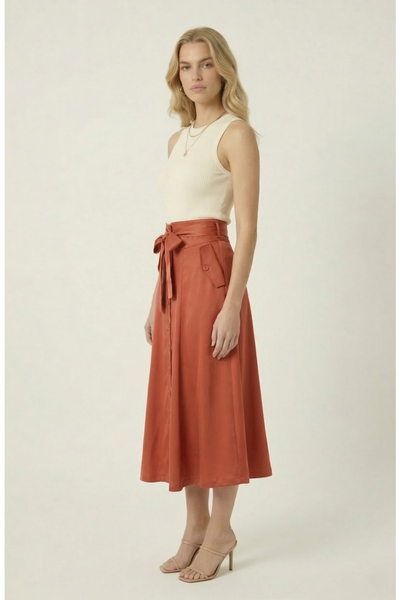 Midi Skirt with Button Front Detail, Alternate, color, Rust