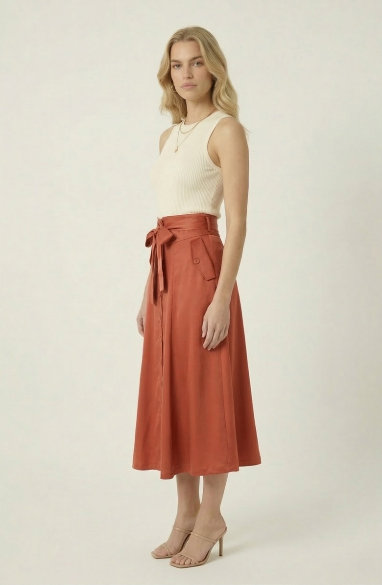 Modenaire Midi Skirt with Button Front Detail, Alternate, color, Rust