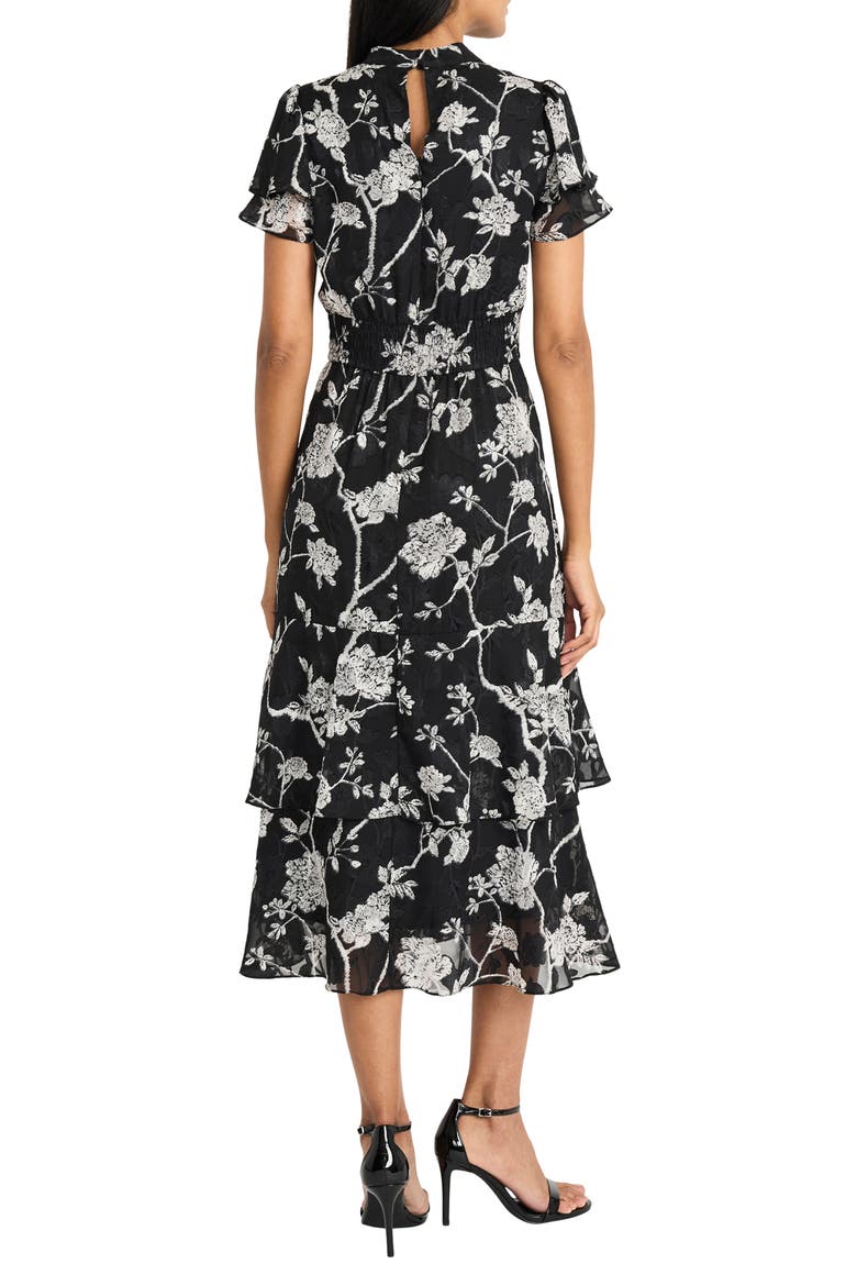 Floral Short Sleeve Tiered Midi Dress, Alternate, color, BLACK/WHITE