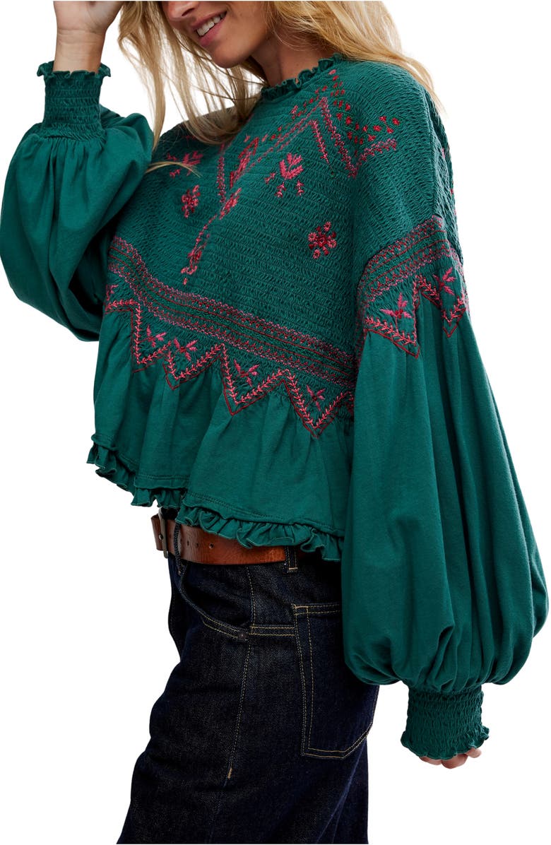 Free People Holly Smocked Embroidered Top, Alternate, color, Green Combo