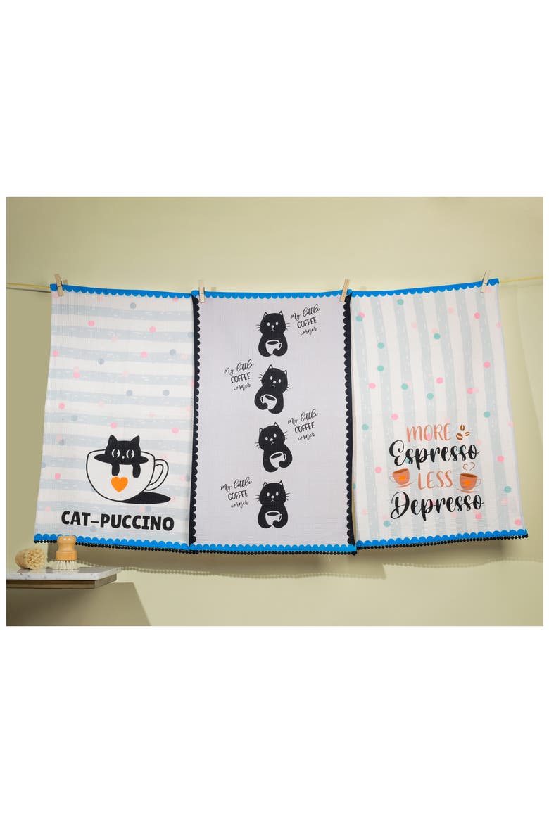 Cat-Puccino Set of 3 Cotton Waffle Kitchen Towels, Alternate, color, BLACK/ GREY/ BLUE/ ORANGE