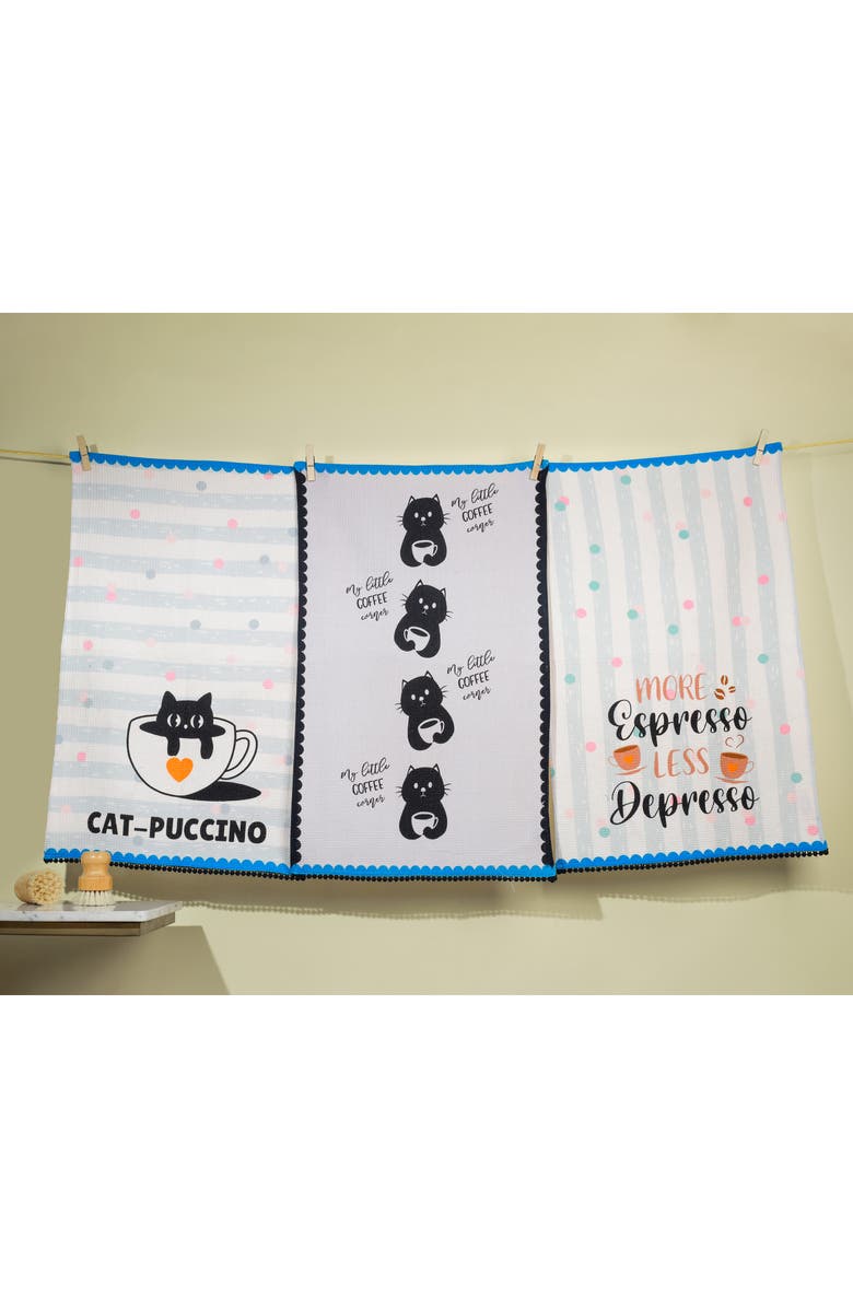 Tiramisu Cat-Puccino Set of 3 Cotton Waffle Kitchen Towels, Alternate, color, Black/ Grey/ Blue/ Orange