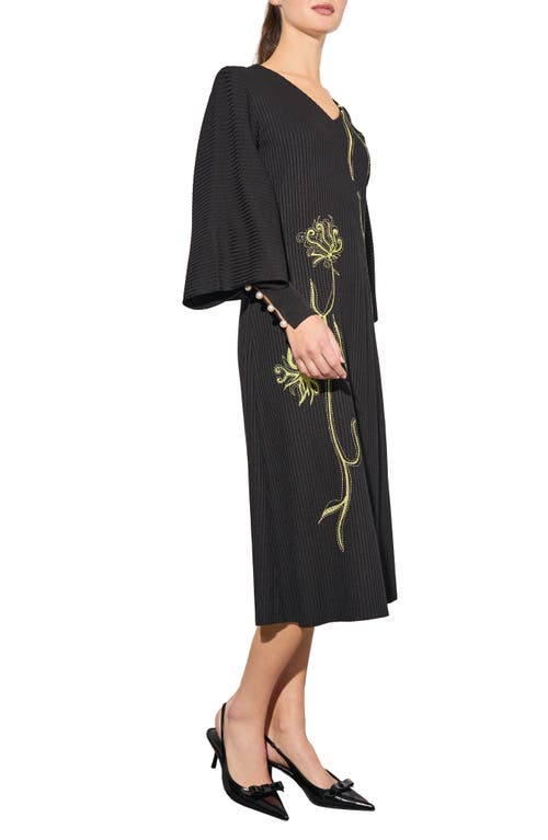 Ming Wang Heritage Fit Floral Embroidery Knit Midi Dress In Black/lemon
