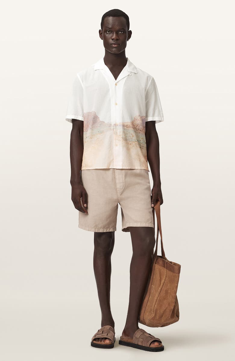 AllSaints Monument Mountainscape Print Slub Cotton Camp Shirt, Alternate, color, Tern White