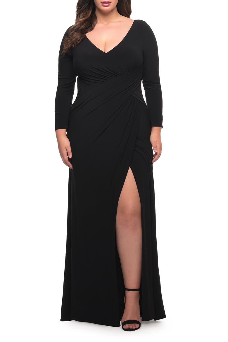 Long Sleeve Jersey Plus Dress with Slit, Main, color, Black