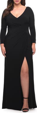 La Femme Long Sleeve Jersey Plus Dress with Slit