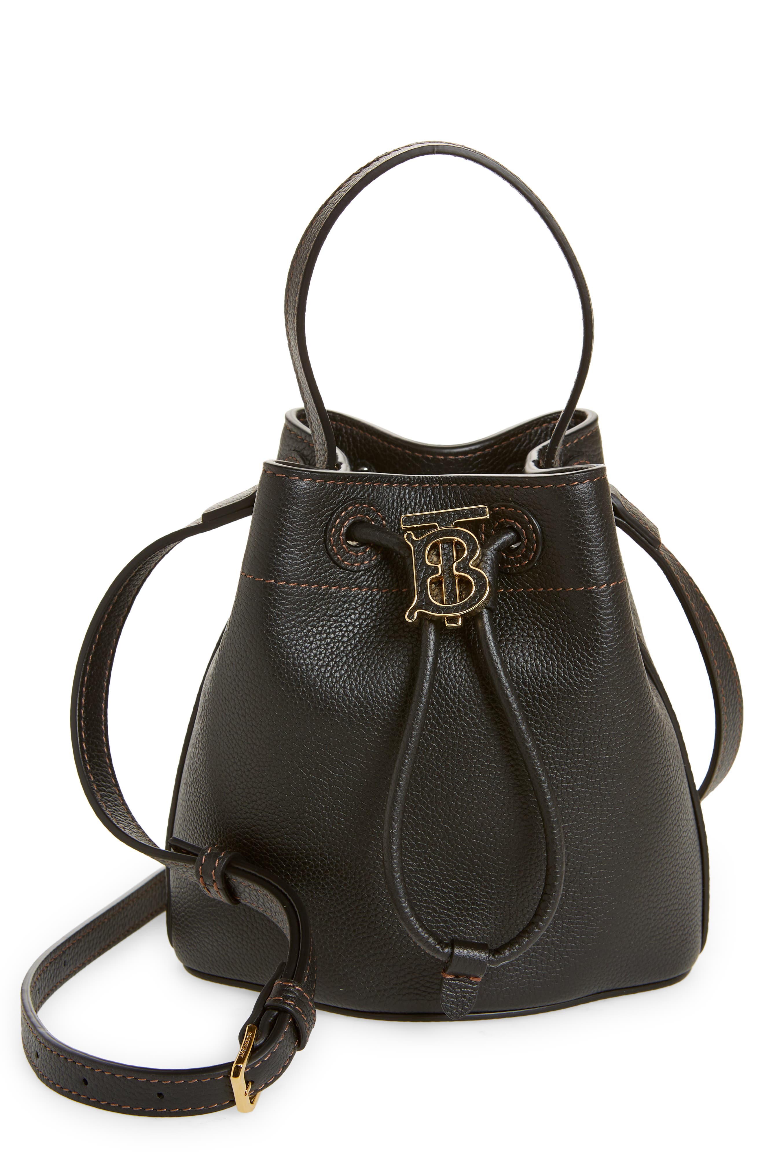 Burberry Large Monogram Leather Drawstring Bucket Bag, Main, color, 