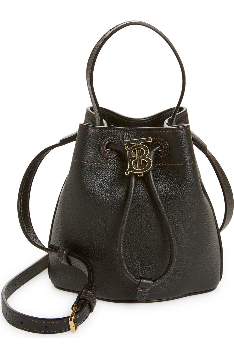 Burberry Large Monogram Leather Drawstring Bucket Bag, Main, color,