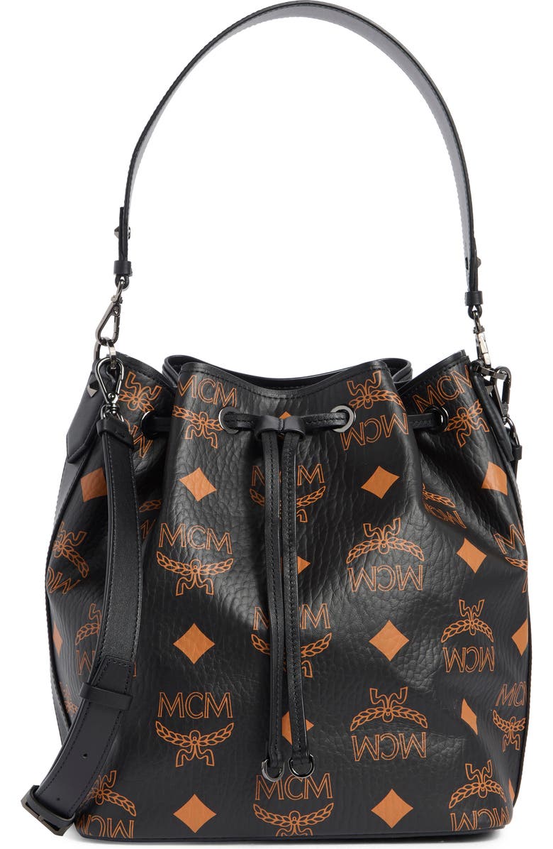 MCM Dessau Monogram Bucket Bag, Main, color, Black