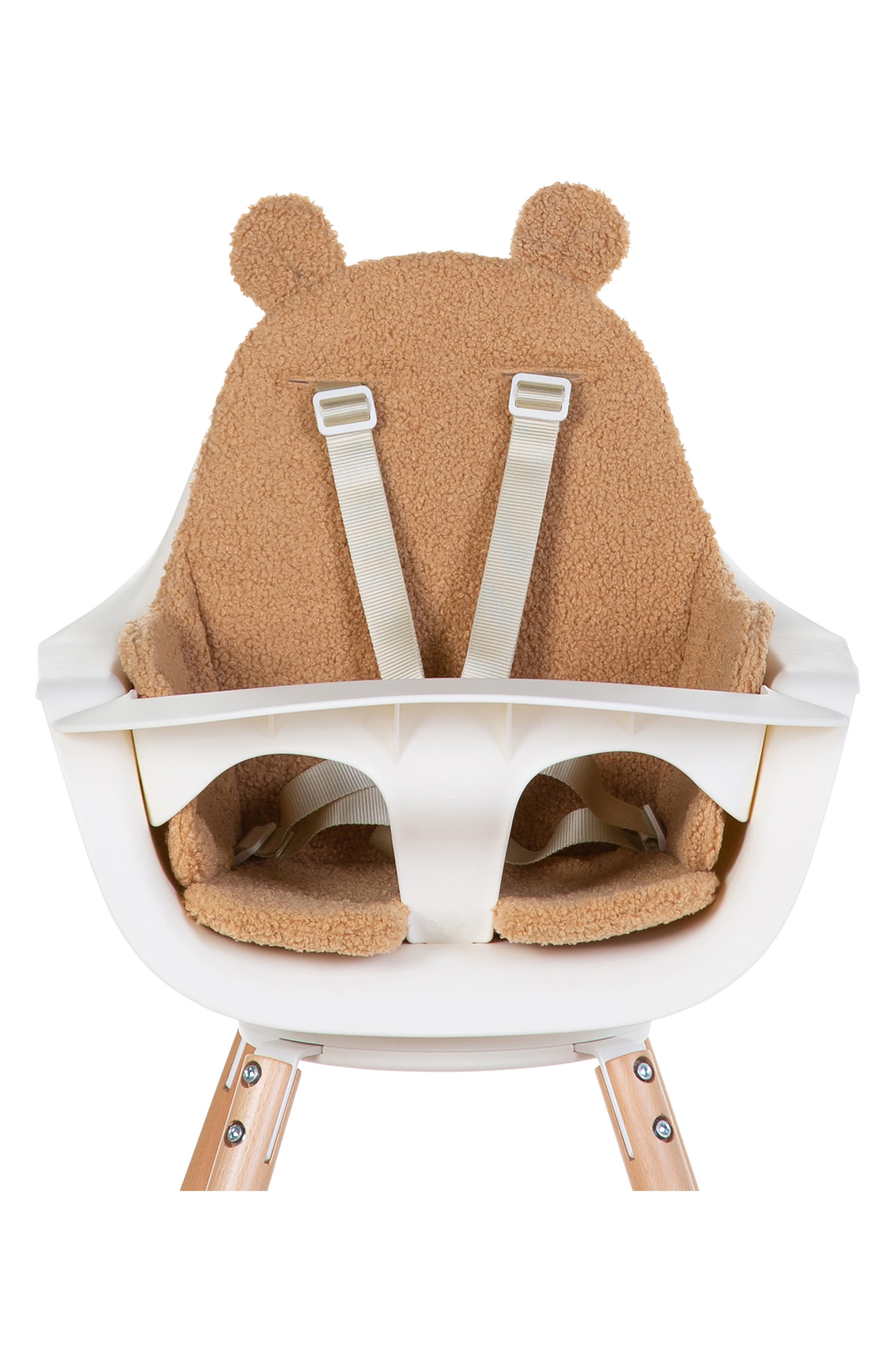 Baby chair with brown teddy bear design cushion and white straps