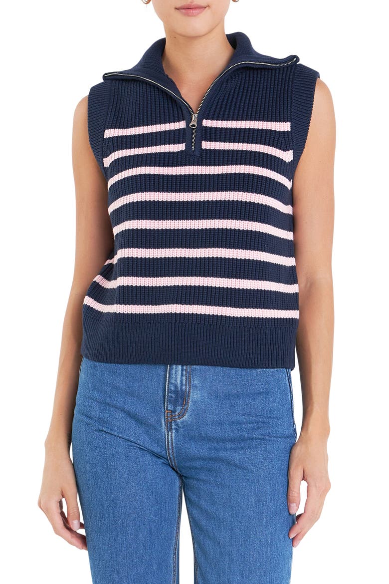 Stripe Sleeveless Quarter Zip Sweater, Main, color, NAVY/ PINK