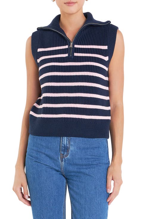 Stripe Sleeveless Quarter Zip Sweater