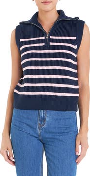 English Factory Stripe Sleeveless Quarter Zip Sweater
