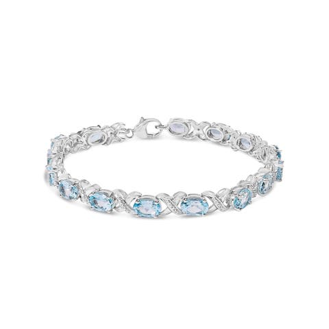 Silver 16.0 Cttw Oval Blue Topaz and Diamond Accent Tennis X Link Bracelet