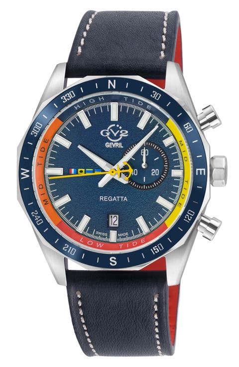 Regatta Stainless Steel Swiss Quartz Leather Strap Watch, 42mm