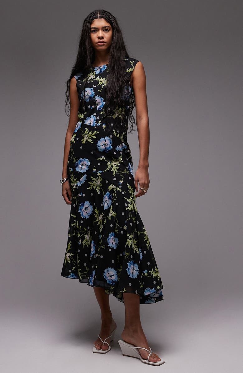 Topshop Godet Hem Midi Cocktail Dress, Main, color, Black